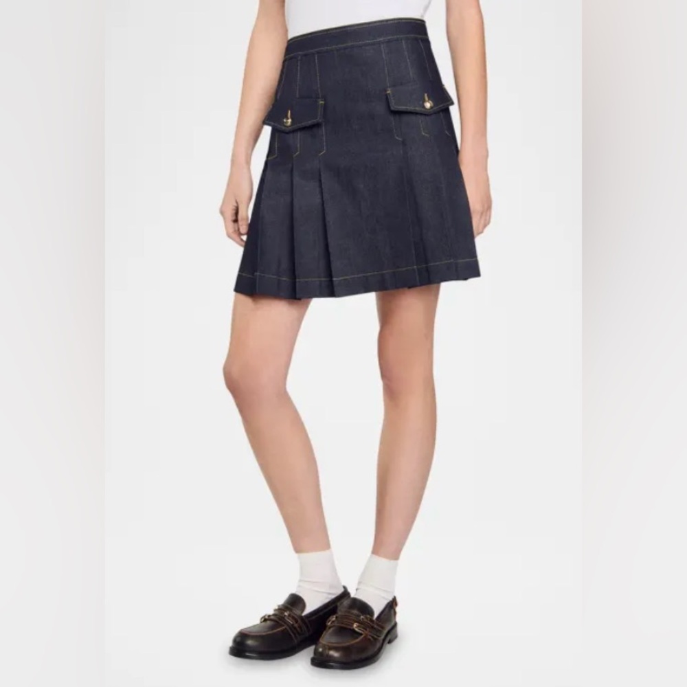 NWT Sandro Pleated Mini Skirt in Dark Denim Size 42